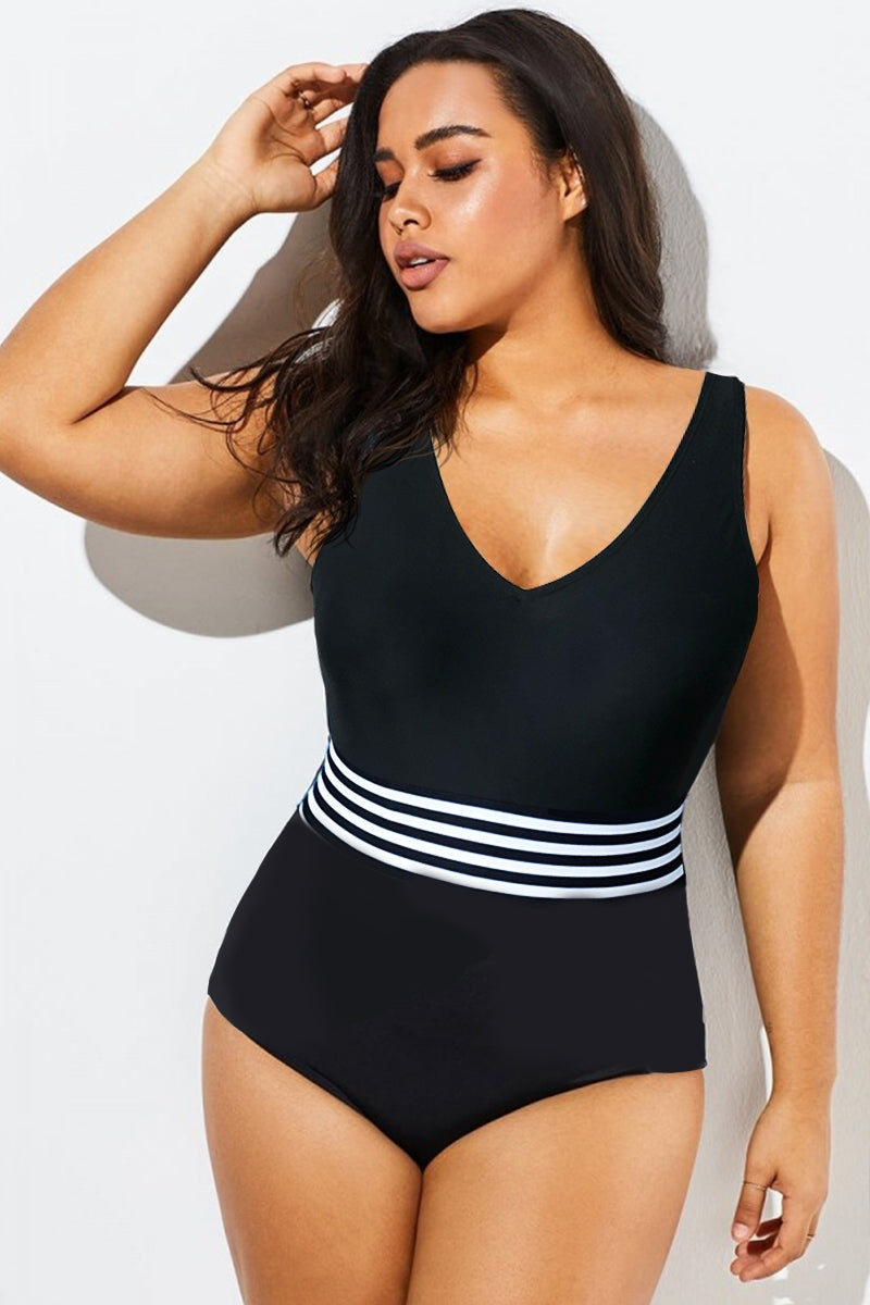 Black & White Striped V-Neck One Piece Swimsuit