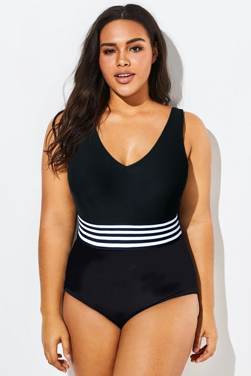 Black & White Striped V-Neck One Piece Swimsuit