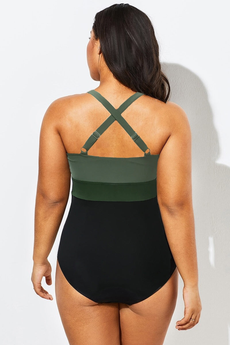 Green Contrast Twist Front Skinny One Piece Swimsuit