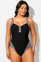 Black Leopard Print V-Neck One Piece Swimsuit