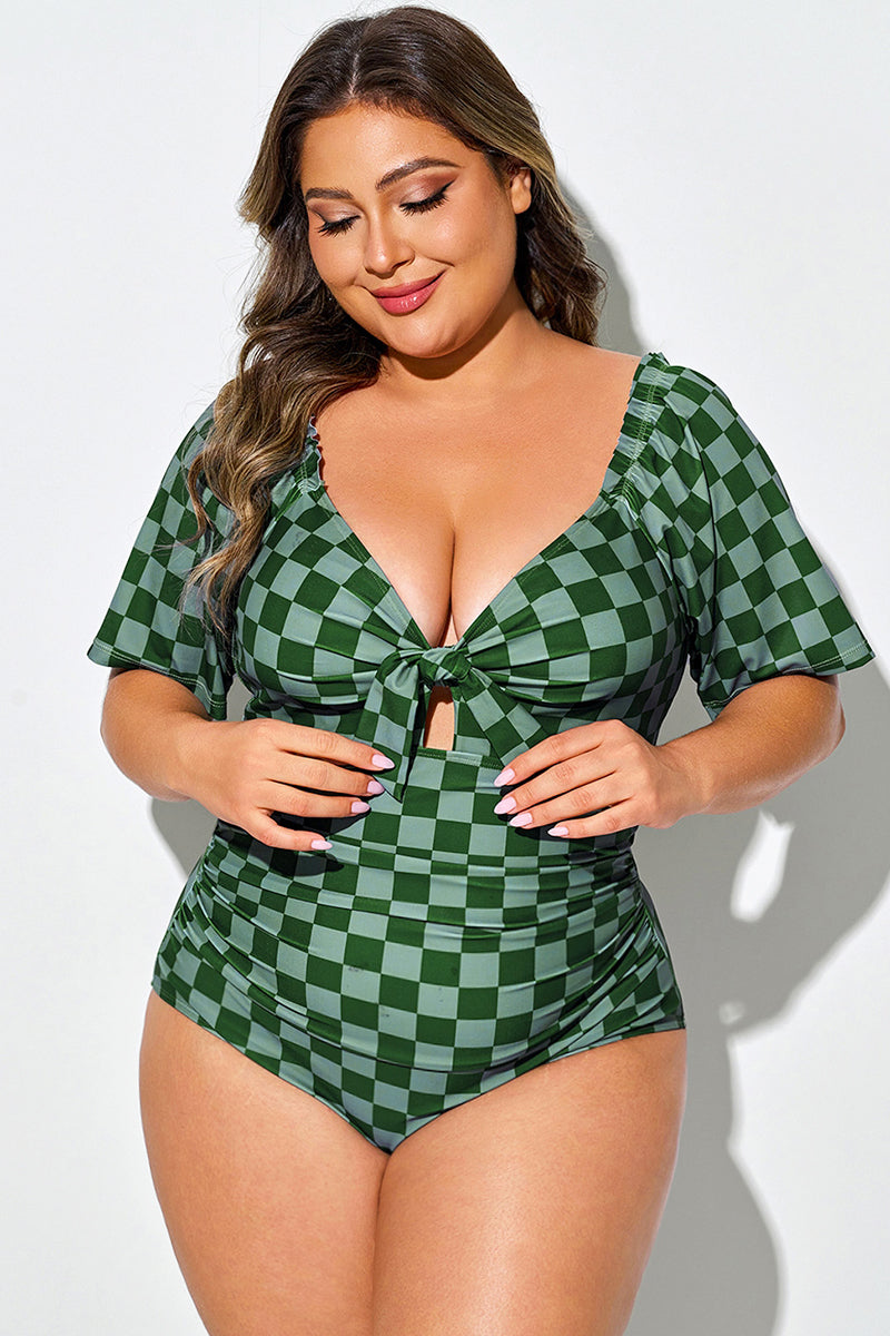 Green Check Short Sleeve One Piece Swimsuit