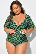Green Check Short Sleeve One Piece Swimsuit