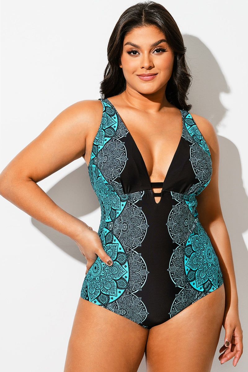 Blue Ombre Lace Print V-Neck One Piece Swimsuit