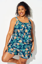 Plus Size Tropical Flower Print Pockets One Piece Swimsuit