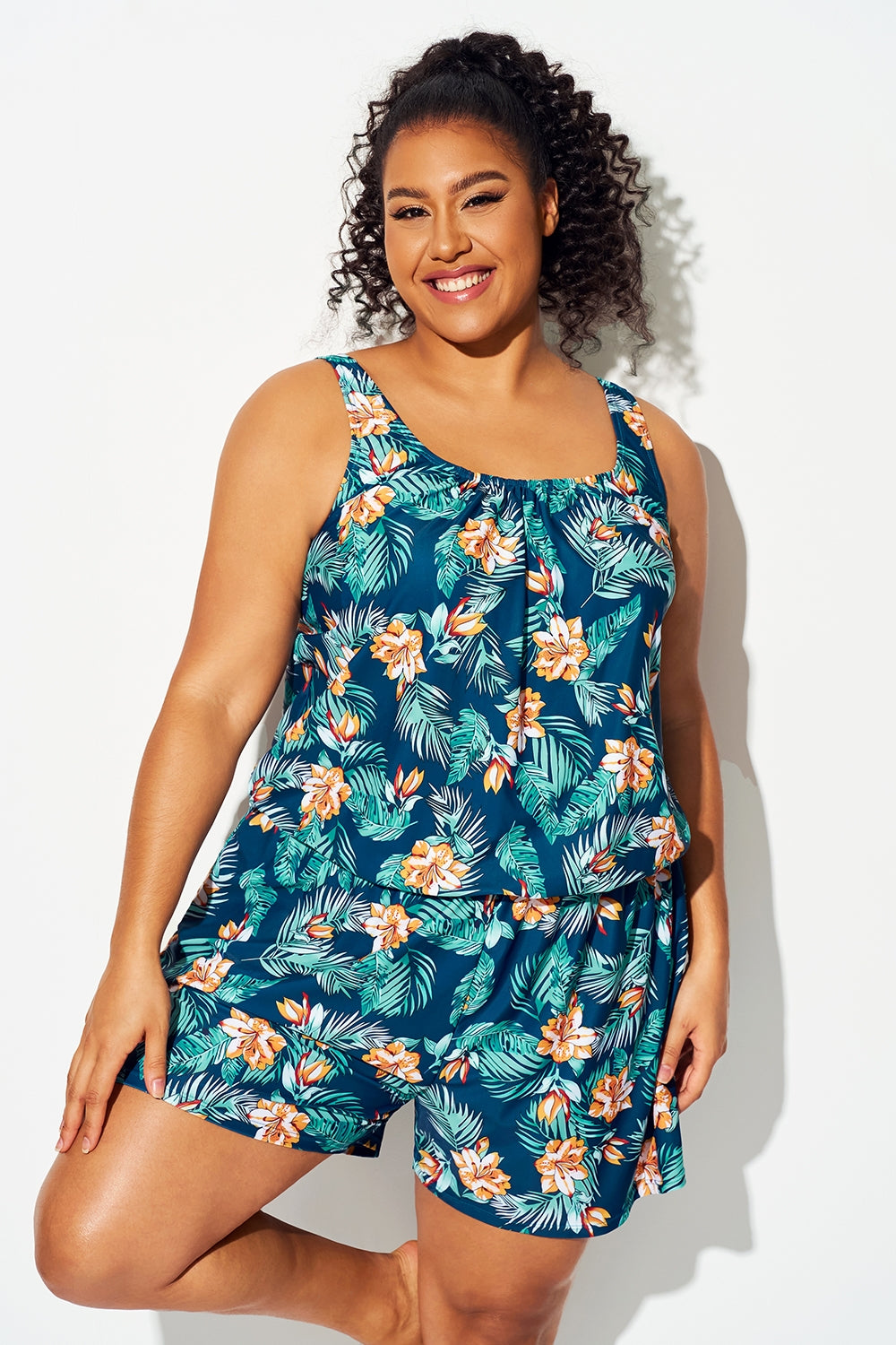 Plus Size Tropical Flower Print Pockets One Piece Swimsuit