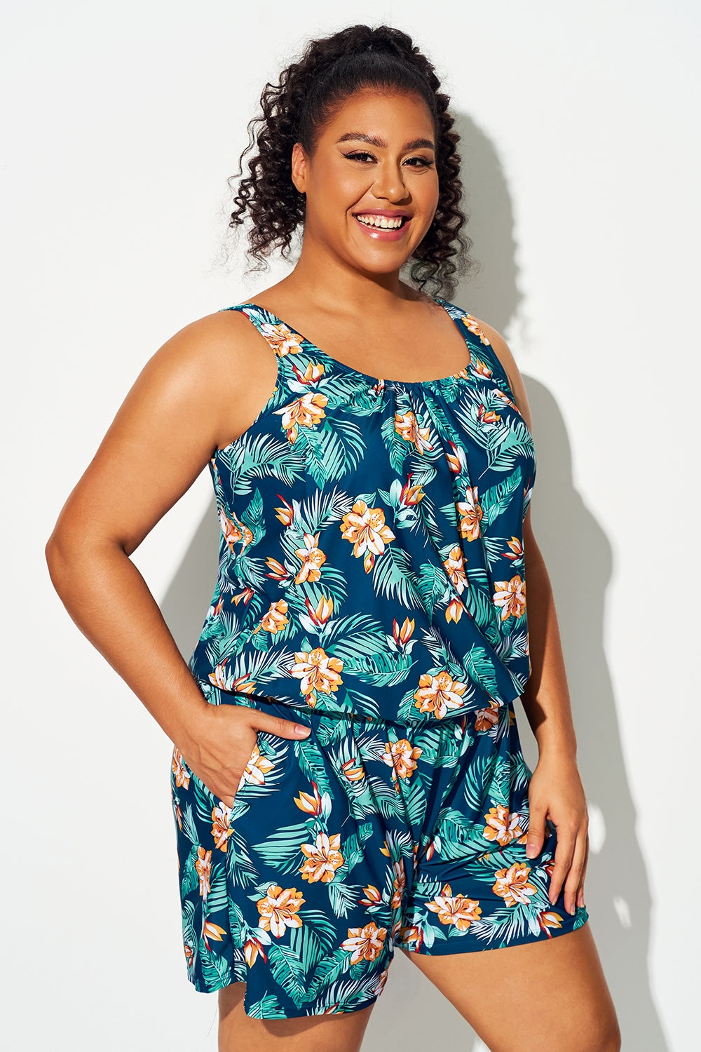 Plus Size Tropical Flower Print Pockets One Piece Swimsuit
