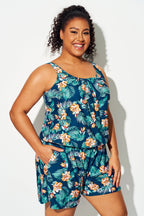 Plus Size Tropical Flower Print Pockets One Piece Swimsuit