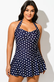 Navy Halter Sweetheart Polka Dot Sexy Swimdress