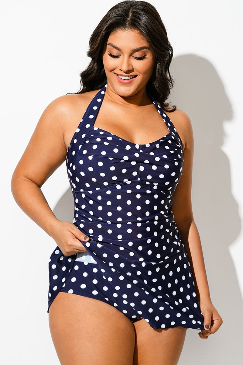 Navy Halter Sweetheart Polka Dot Sexy Swimdress