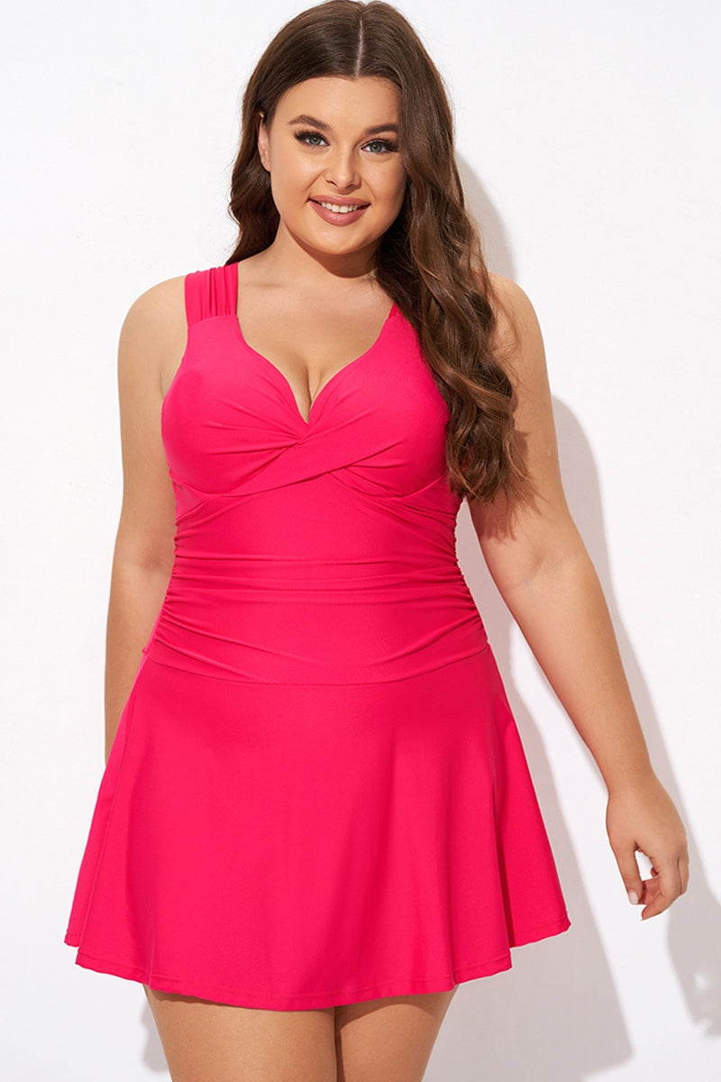Red V-neck Twist Front Shirred Underwire Swimdress