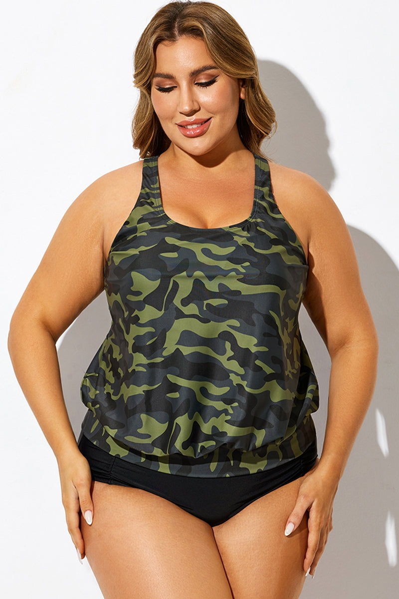 Green Camo Racerback Tummy Control Blouson Tankini Top