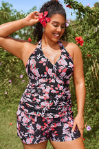 Floral Printed Self-tie Halter Shirred Tankini Set