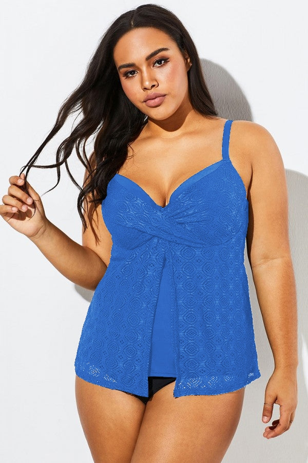 Blue Twist-front Sweetheart Neckline Tankini Top