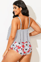 Striped Scoop Neck Ruched Flounce Blouson Tankini Top