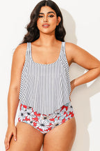 Striped Scoop Neck Ruched Flounce Blouson Tankini Top