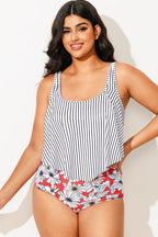 Striped Scoop Neck Ruched Flounce Blouson Tankini Top