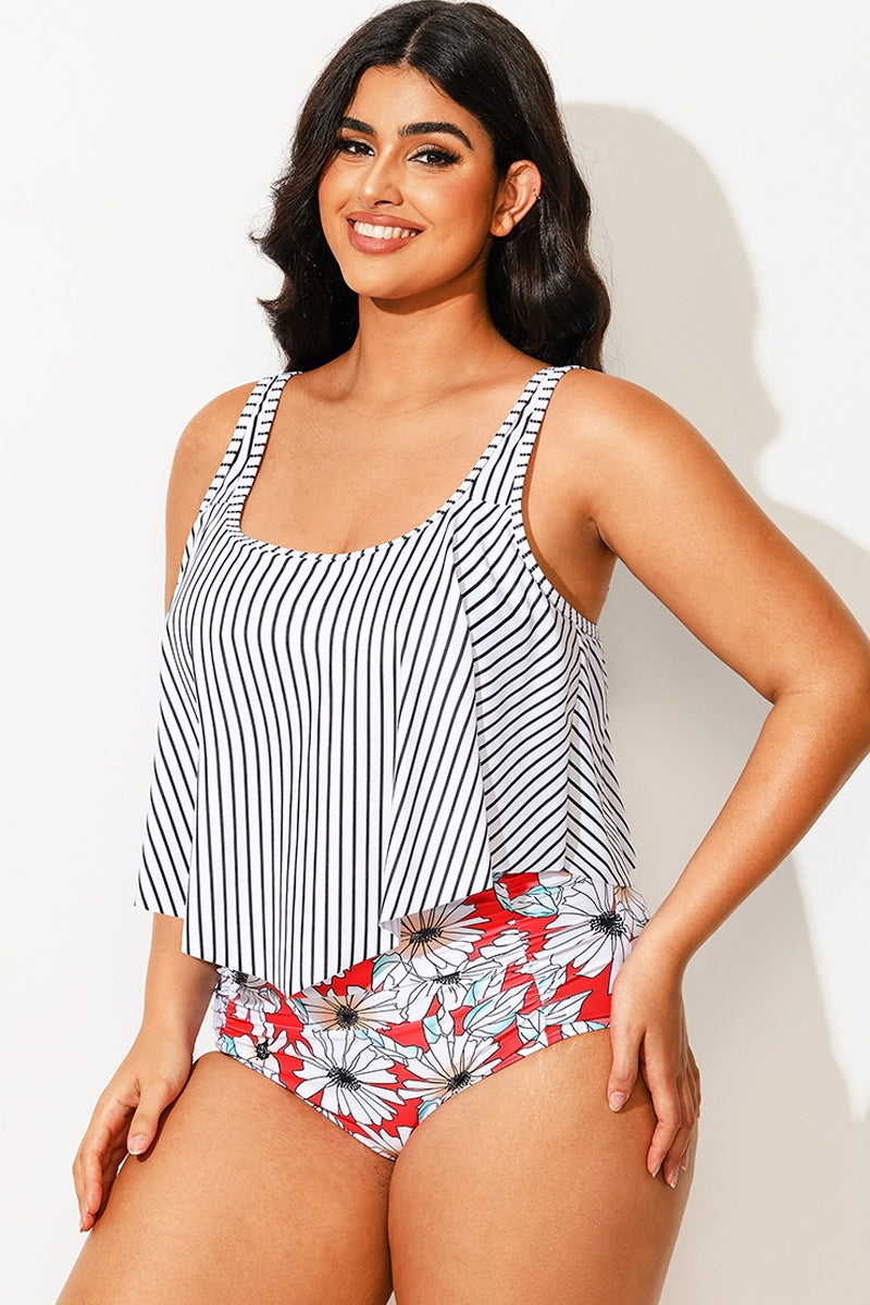 Striped Scoop Neck Ruched Flounce Blouson Tankini Top