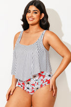 Striped Scoop Neck Ruched Flounce Blouson Tankini Top