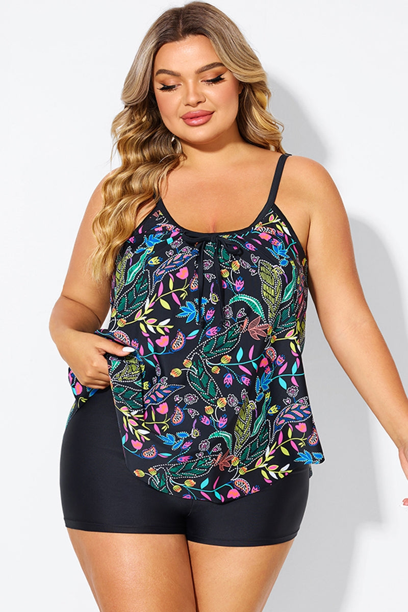 Black Spaghetti Strap Floral Print Tankini Top