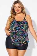 Black Spaghetti Strap Floral Print Tankini Top