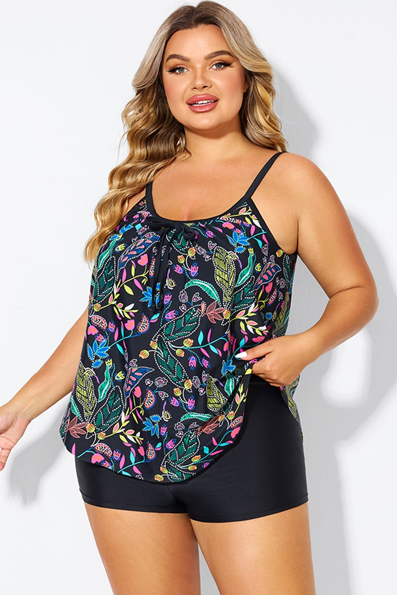 Black Spaghetti Strap Floral Print Tankini Top