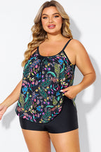 Black Spaghetti Strap Floral Print Tankini Top