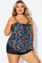 Black Spaghetti Strap Floral Print Tankini Top