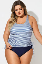 Plus Size Stripe Built-In Bra Racerback Tankini Top