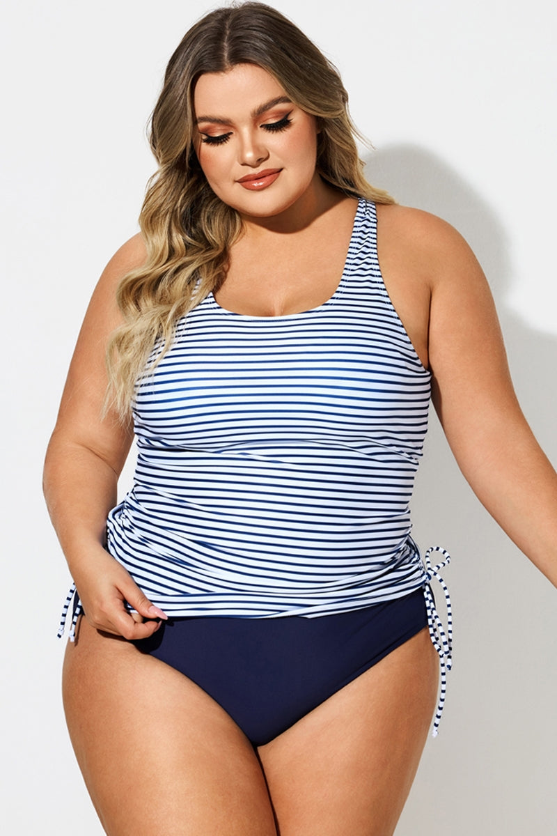 Plus Size Stripe Built-In Bra Racerback Tankini Top
