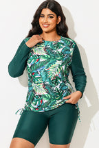 Tropical Print Side Tie Adjustable Long Sleeve Tankini Top