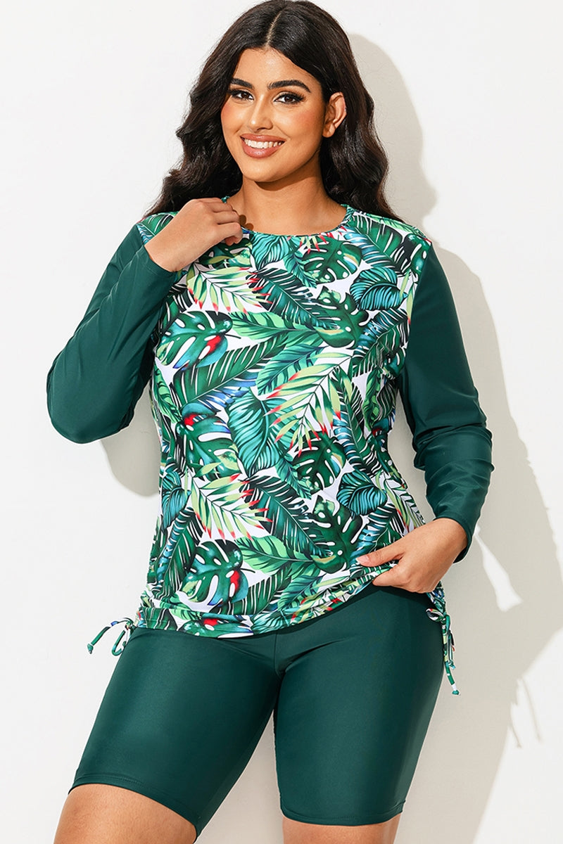 Tropical Print Side Tie Adjustable Long Sleeve Tankini Top