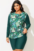 Tropical Print Side Tie Adjustable Long Sleeve Tankini Top
