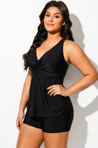 Solid Drawstring Side Adjustable Strap Tankini Top
