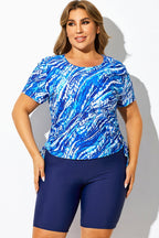 Blue Tie Dye Round Neck Short Sleeves Tankini Top