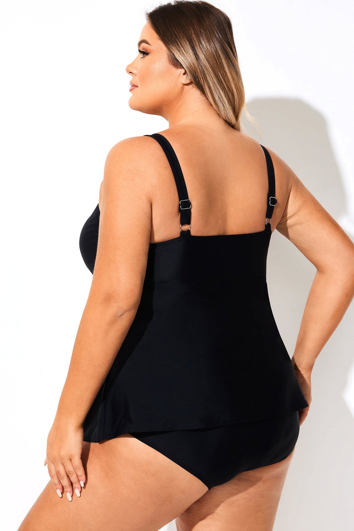 Solid Black V-Neck Ruffled Tankini Top
