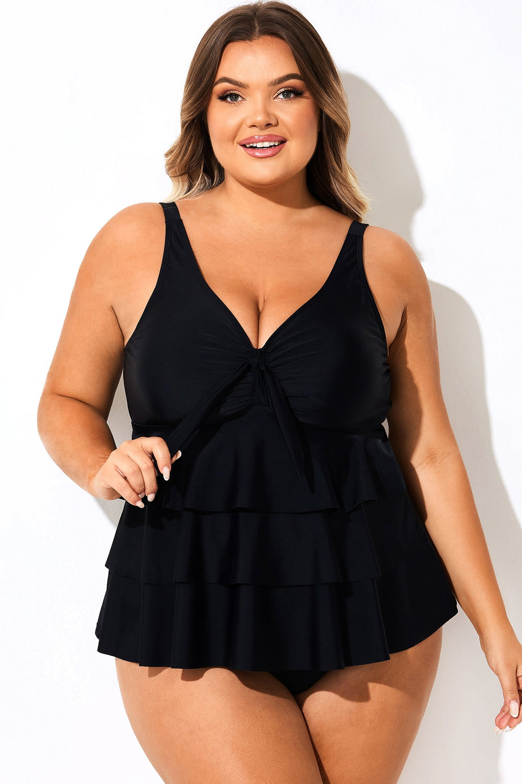 Solid Black V-Neck Ruffled Tankini Top