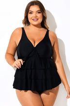 Solid Black V-Neck Ruffled Tankini Top