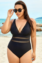 Black Lattice Plunge V-neck One Piece Swimsuit