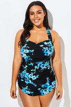 Blue Flower H-Back Sarong Front One Piece Swimsuit