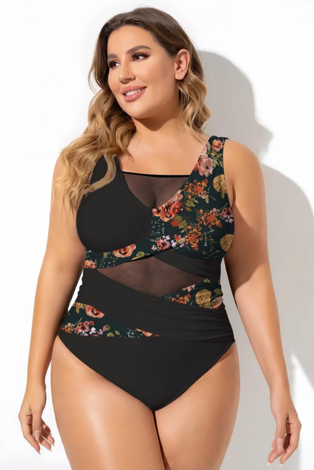 Multi Color Sexy Cut Out Mesh One Piece Swimsuit