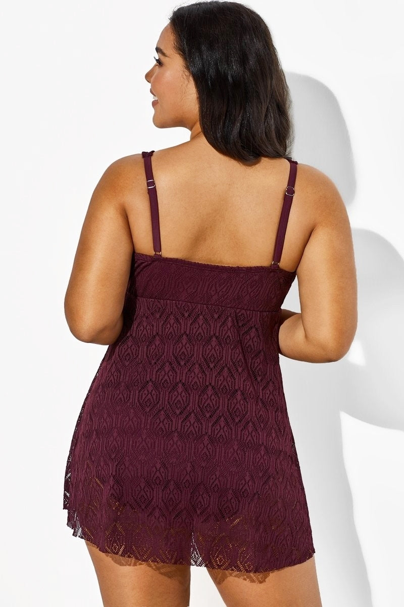 Wine Crochet Side Slit V-Neck Graceful Swimdress
