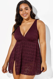 Wine Crochet Side Slit V-Neck Graceful Swimdress