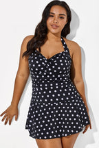 Black Halter Sweetheart Polka Dot Sexy Swimdress