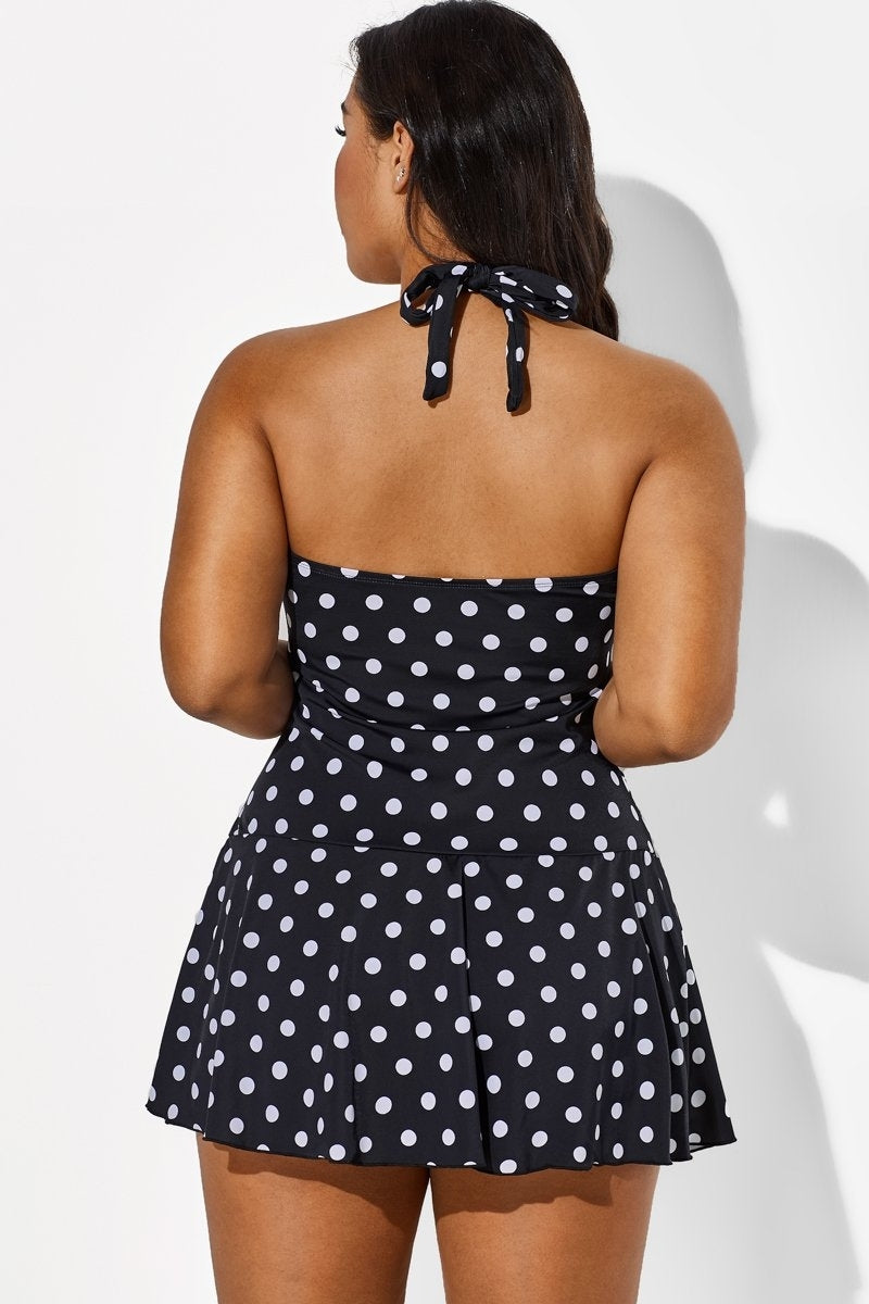 Black Halter Sweetheart Polka Dot Sexy Swimdress