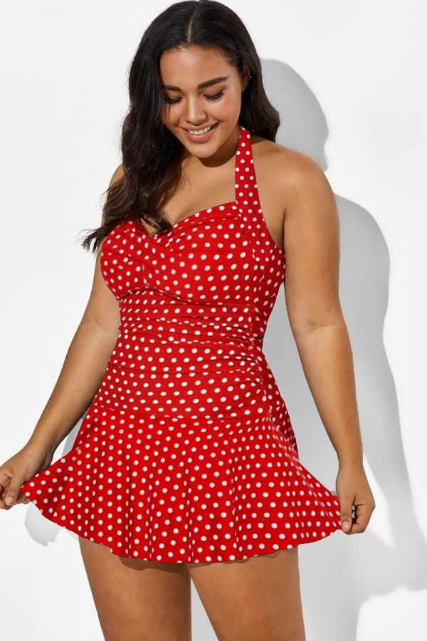 Red Halter Twist-front Polka Dot Swimdress