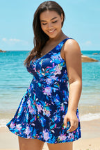 Blue V-neck Elegant Flower Swimdress For Lady