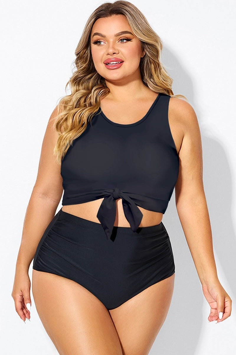 Plus Size Solid Black Knotted Crop Bikini Top