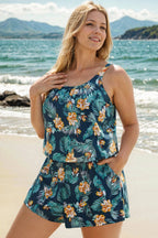 Plus Size Tropical Flower Print Pockets One Piece Swimsuit