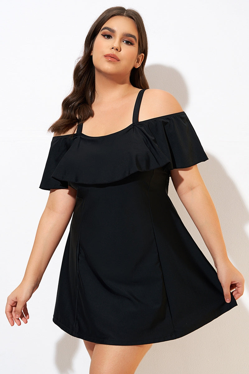 Solid Black Adjustable Straps Women Swimdress