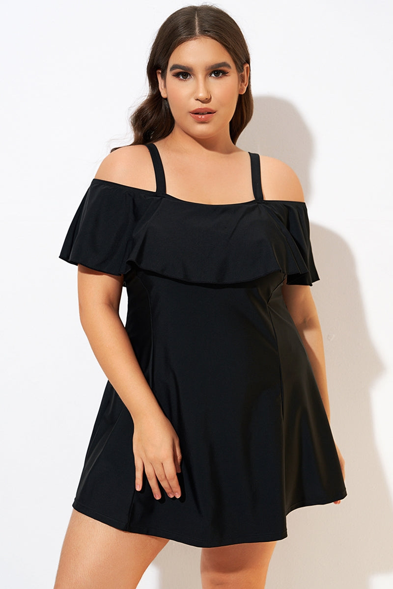 Solid Black Adjustable Straps Women Swimdress